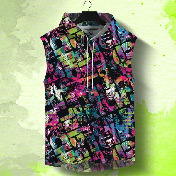 Juxar men's sleeveless hoodie with vibrant multicolor graffiti print and front zipper