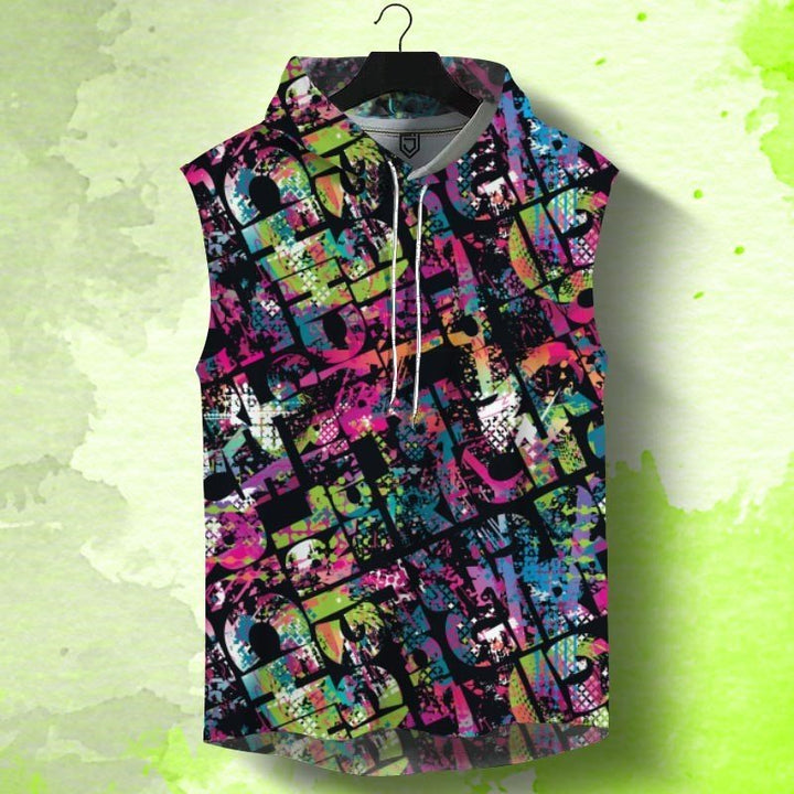 Juxar men's sleeveless hoodie with vibrant multicolor graffiti print and front zipper