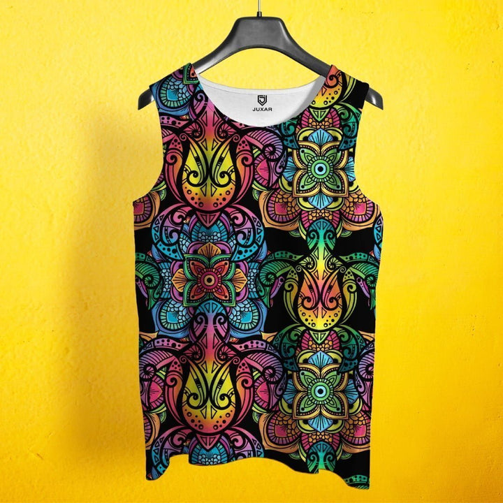 Juxar Men's summer printed vest with colorful abstract floral patterns on black background