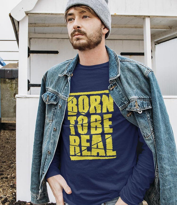 Juxar navy aesthetic printed long sleeve t shirt with yellow Born To Be Real distressed print worn by male model