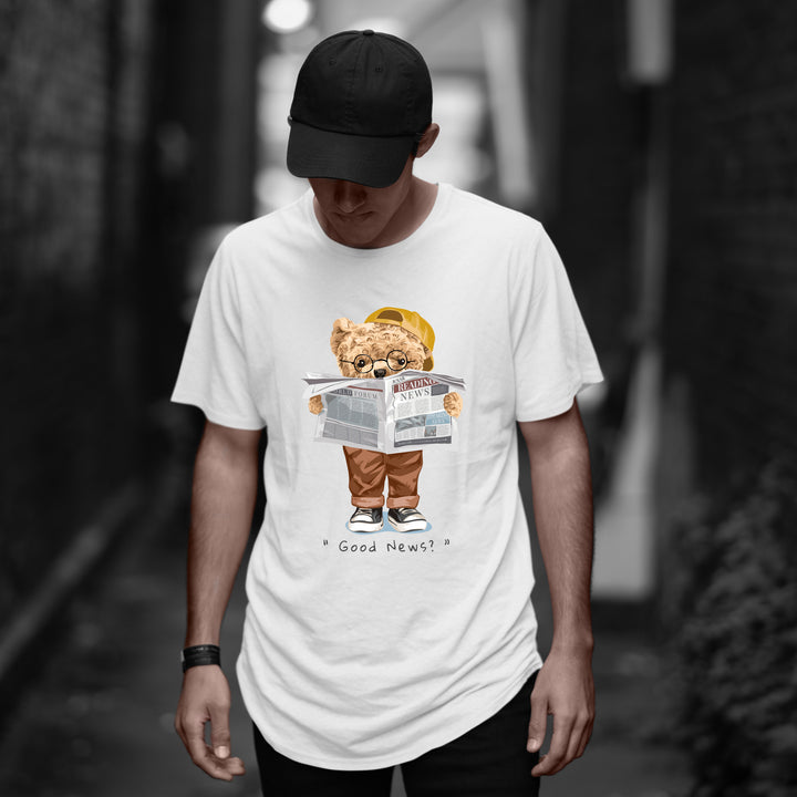 Juxar stylish longline cotton tee white with teddy bear reading newspaper graphic on male model in urban alley
