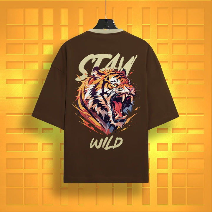 Juxar minimalist cotton oversized t-shirt in brown with a fierce tiger and steam wild graphic on back