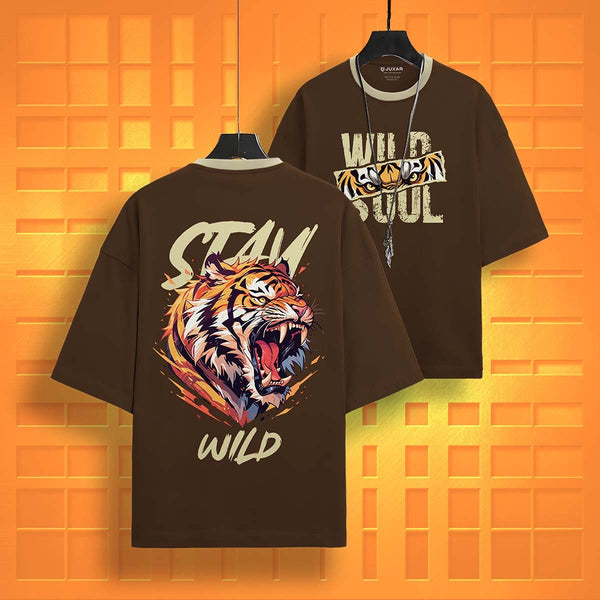 Juxar minimalist cotton oversized t-shirt in brown featuring bold tiger graphic and Stay Wild text design