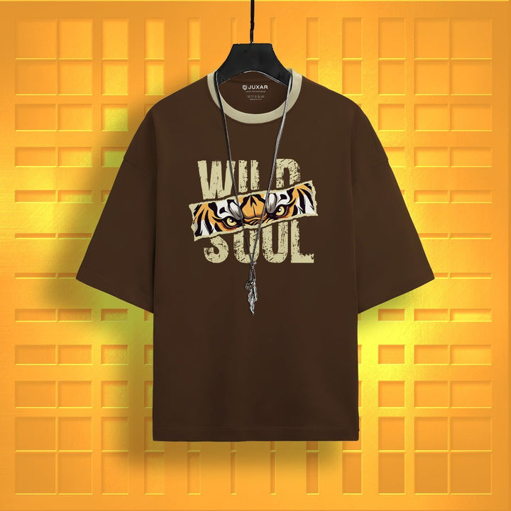 Juxar minimalist cotton oversized t-shirt in brown with wild soul tiger graphic and silver necklace