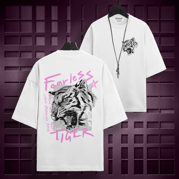 Juxar minimalist cotton oversized t-shirt in white with black tiger graphic and pink fearless tiger text