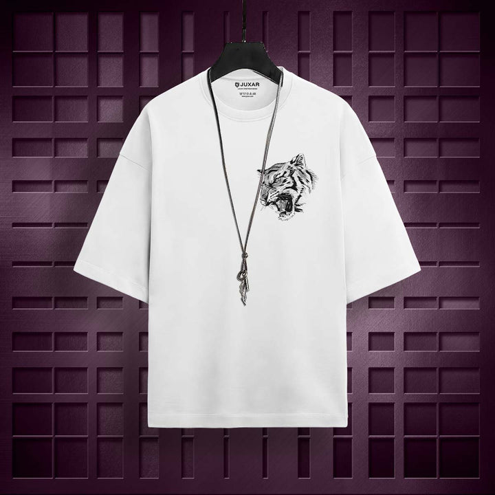 Juxar minimalist cotton oversized t-shirt in white with a black tiger graphic on the chest