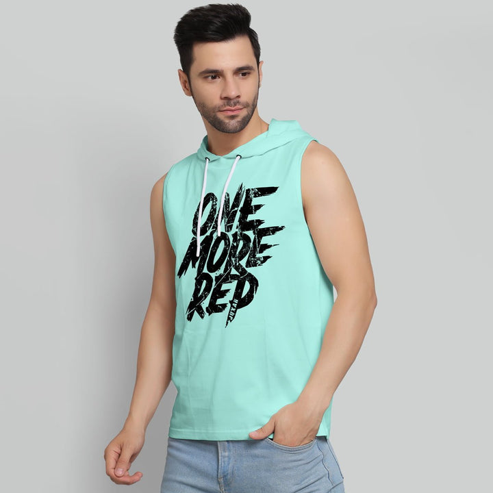 Juxar mens MINT BLUE HOODIE SANDO sleeveless hoodie with black graphic text One More Rep