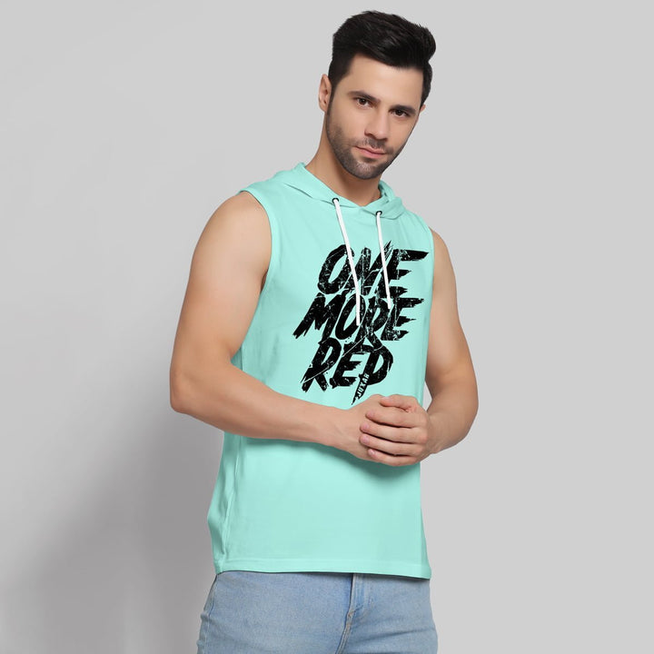 Juxar men's MINT BLUE HOODIE SANDO sleeveless hoodie with graphic text on front in light blue