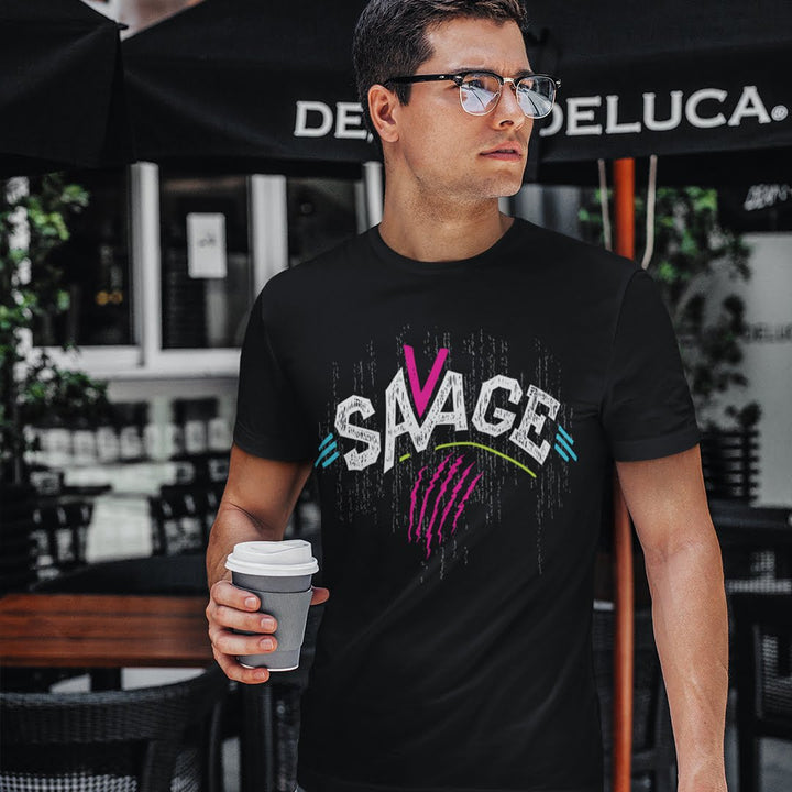 Juxar solid color cotton t shirt for men in black with graphic savage print worn by man holding coffee cup