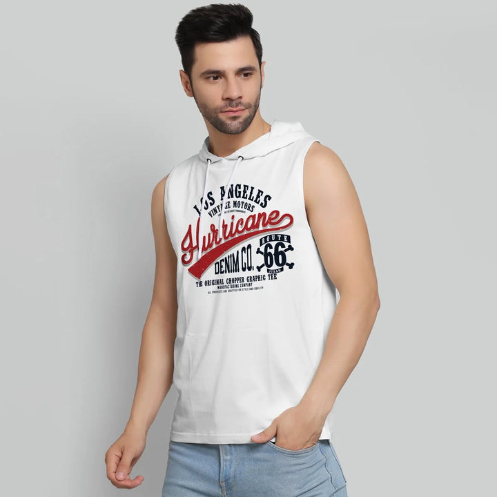 Juxar mens designer gym hoodie sleeveless white with graphic print and hood
