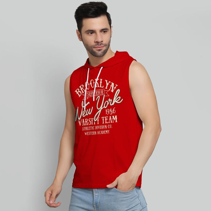 Juxar mens loose fit hoodie sleeveless red with New York varsity team graphic