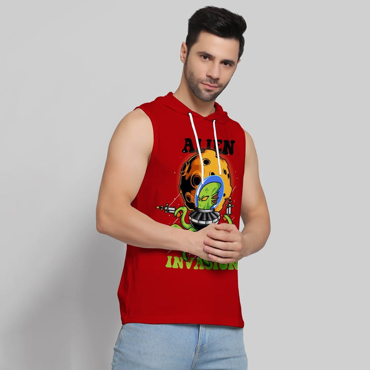 Juxar men's red moisture-wicking hoodie sleeveless top with alien invasion graphic