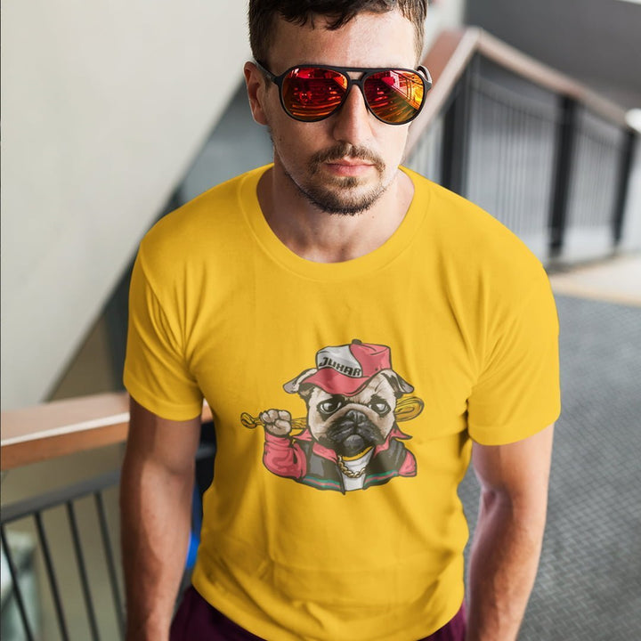 Juxar yellow cotton t shirt with long-lasting fabric featuring a pug dog graphic wearing a hat and sunglasses
