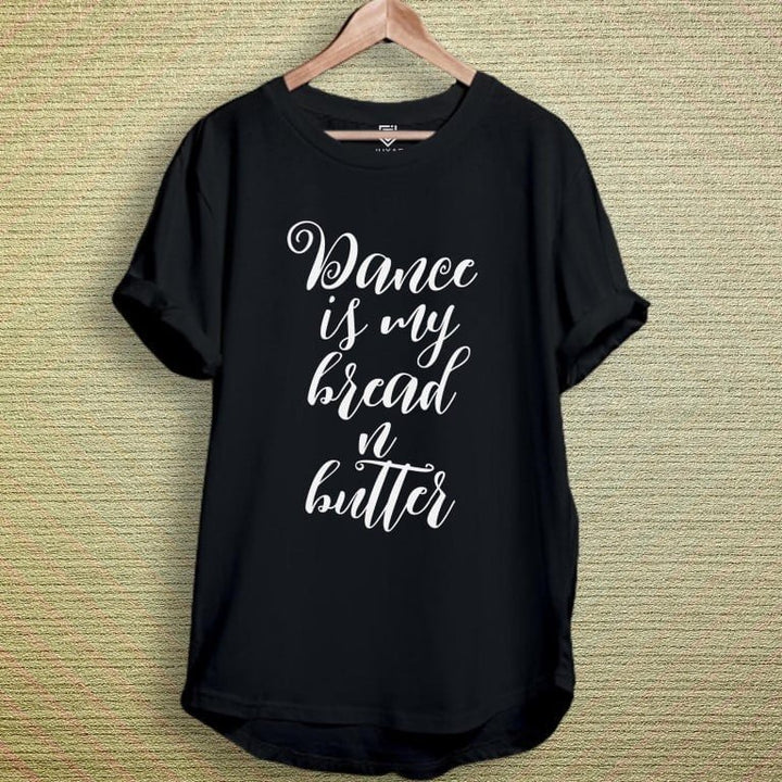 Juxar black cotton longline tee with white script Dance is my bread n butter slogan stylish cotton longline t shirt