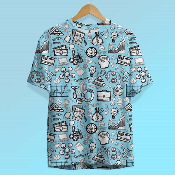 Juxar printed motivational quote t-shirt with business and finance doodles on light blue background