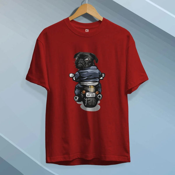 Juxar red boys t-shirt featuring pug on motorcycle graphic viewed from back rider t-shirt for men casual cotton tee