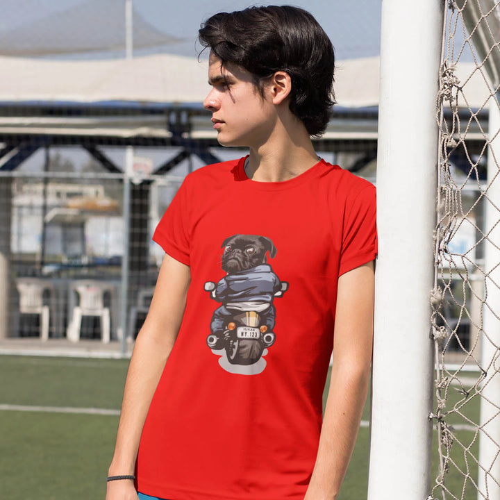 Juxar red boys t shirt with pug on motorcycle graphic worn by teen model on soccer field rider t-shirt for men