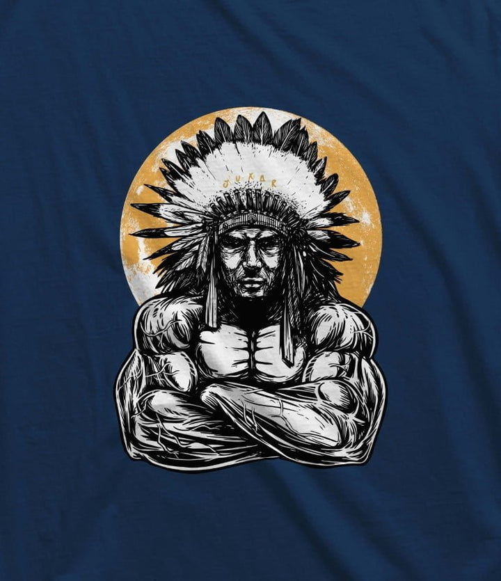Juxar muscleman chief t-shirt with graphic of muscular Native American chief wearing traditional feather headdress