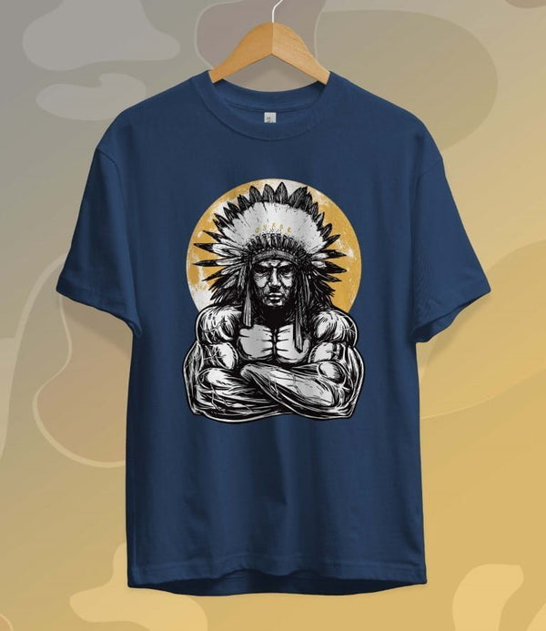 Juxar navy blue muscleman chief t-shirt featuring a muscular Native American chief graphic with a yellow circle background