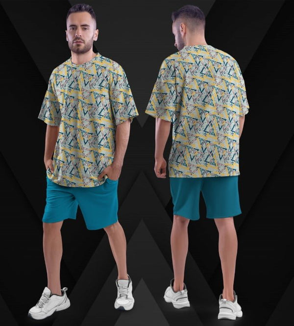 Juxar aesthetic oversized printed t shirt with yellow geometric print on male model front and back view