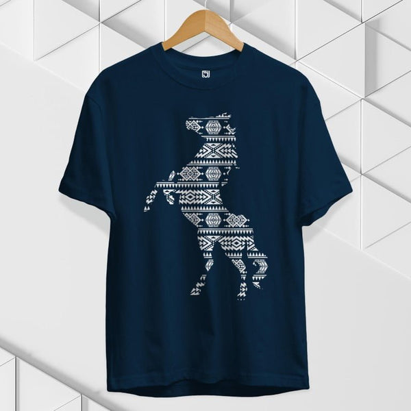 Juxar navy blue Native horse t-shirt with white tribal patterned horse graphic on front