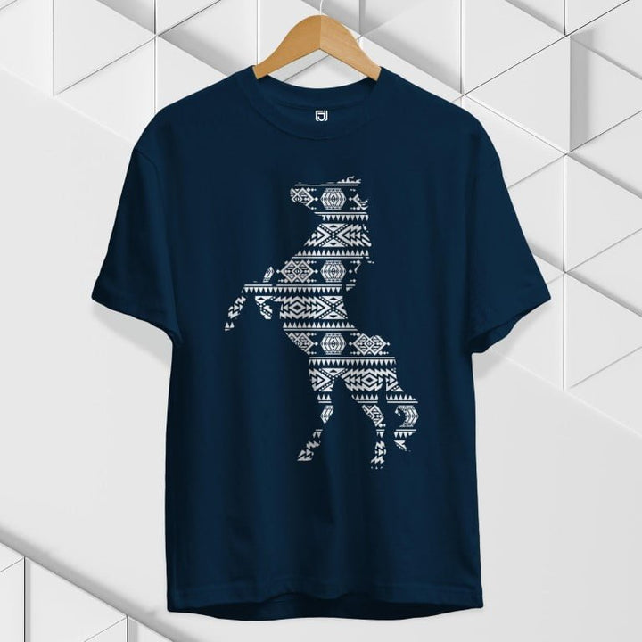 Juxar navy blue Native horse t-shirt with white tribal patterned horse graphic on front