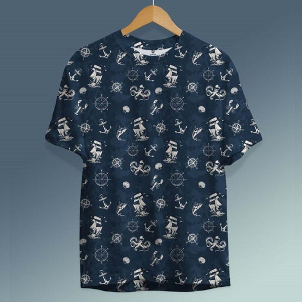 Juxar half sleeve cotton t-shirt with navy blue nautical print and various sea-themed icons