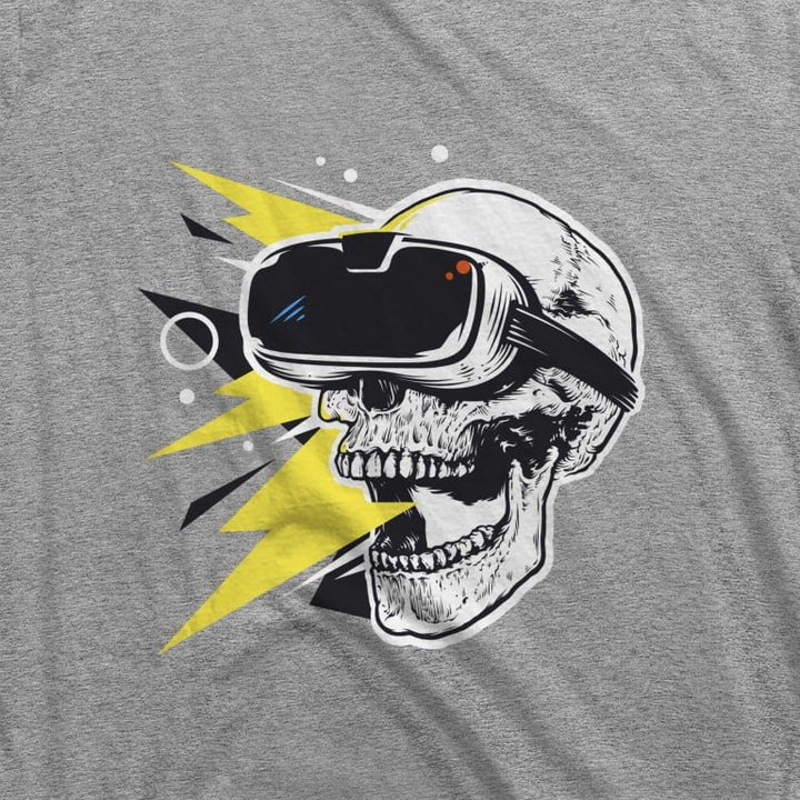Juxar cotton round neck longline t shirt grey with skull wearing VR headset and yellow lightning graphic