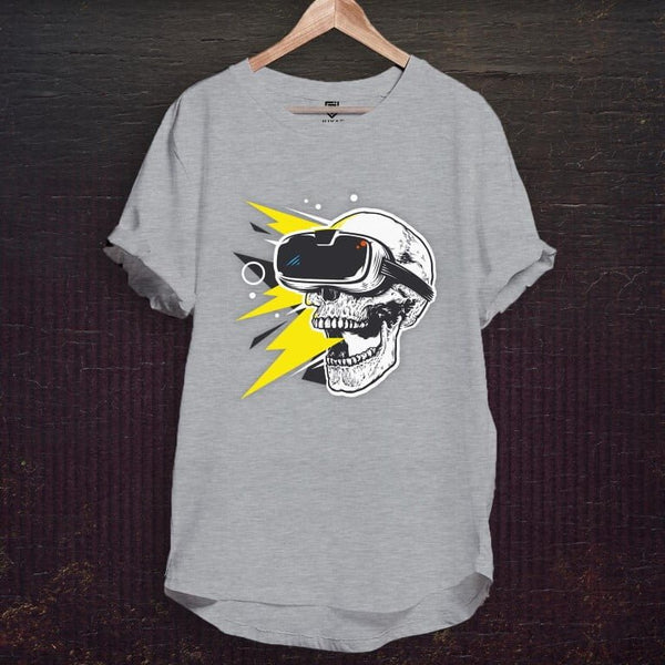Juxar cotton round neck longline t shirt gray with skull VR goggles print and yellow lightning design