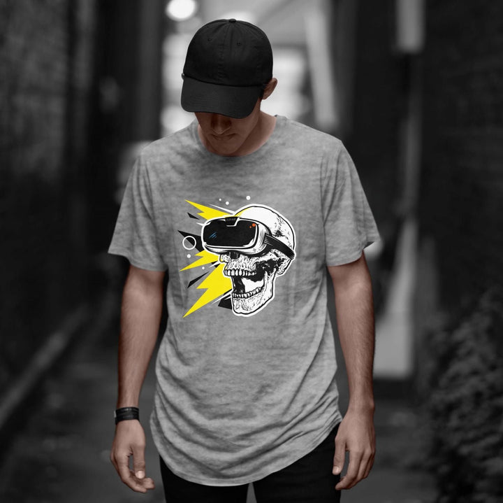 Juxar cotton round neck longline t shirt in gray on male model with skull VR headset and yellow lightning bolts