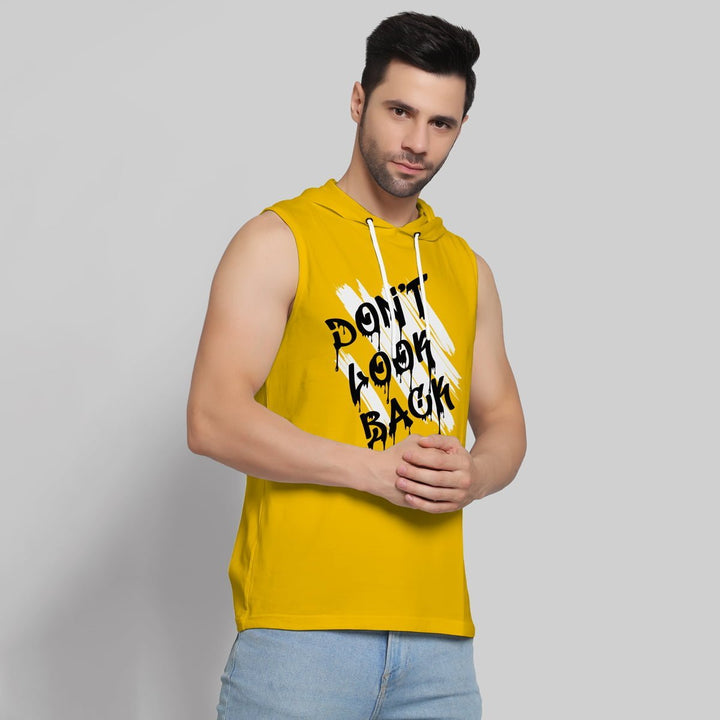 Juxar men's yellow dry-fit hoodie sando with sleeveless design and graphic text front