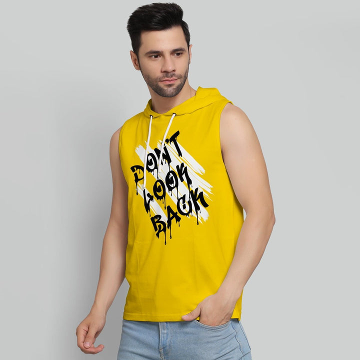 Juxar men's yellow dry-fit hoodie sando with graphic text and sleeveless design