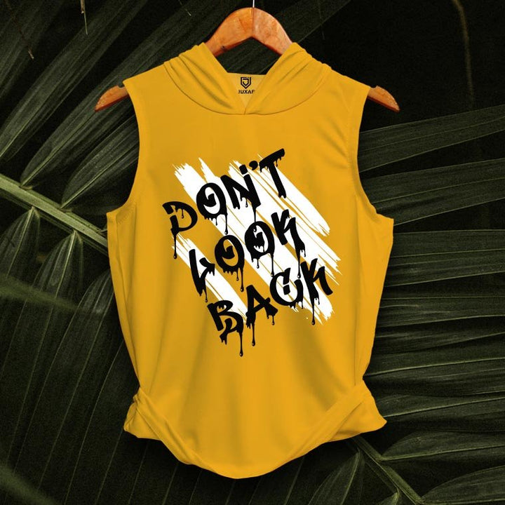 Juxar men's mustard yellow dry-fit hoodie sando with sleeveless design and graphic print don't look back