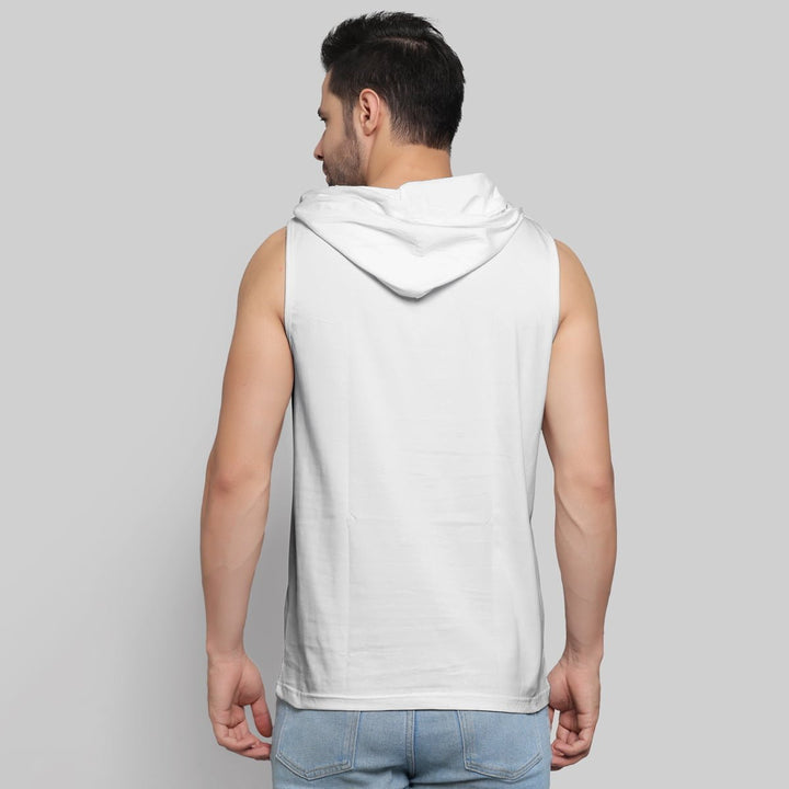 Juxar white sleeveless hoodie for men shown from back with hood and casual fit