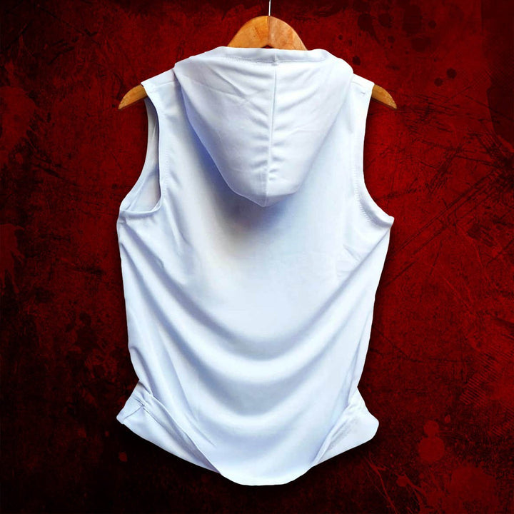 White sleeveless hoodie for men by Juxar hanging on wooden hanger against red background
