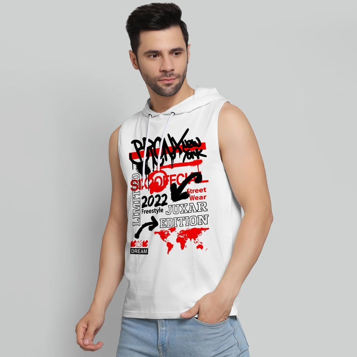 Juxar sleeveless hoodie for men in white with red and black graphic print and hood