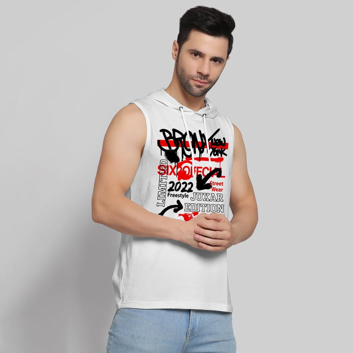 Juxar sleeveless hoodie for men in white with graphic print and adjustable hood