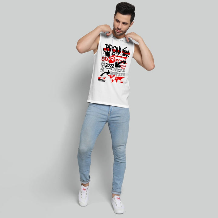 Juxar sleeveless hoodie for men in white with graphic print worn with light blue jeans and white sneakers