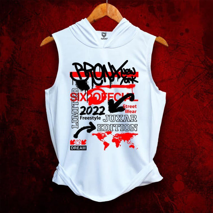Juxar sleeveless hoodie for men in white with black and red graphic streetwear design