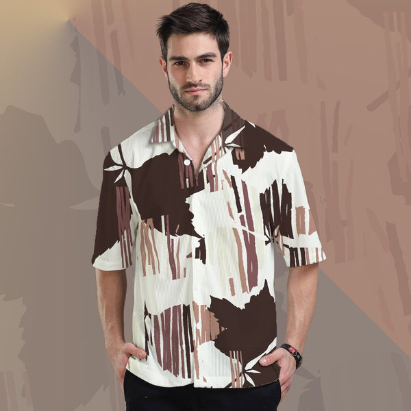 Juxar oversized corduroy shirt for men in white with brown abstract pattern and short sleeves