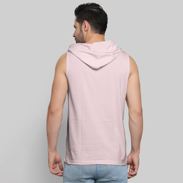 Men's pastel beast hoodie sando sleeveless hooded top in light pink by Juxar shown from back