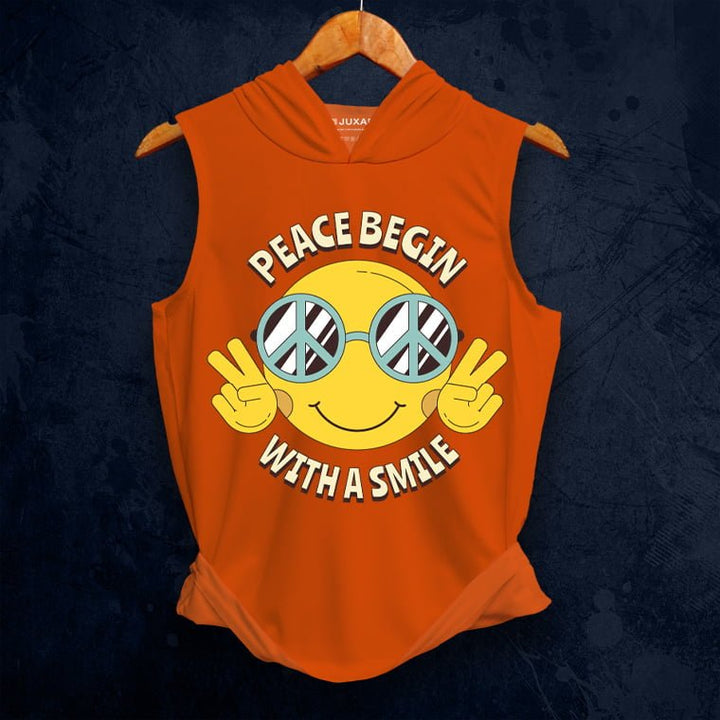Juxar mens orange peace sign sleeveless hoodie with smiley face graphic and peace message