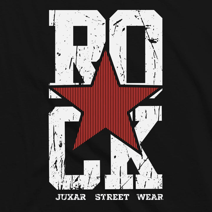 Juxar black t shirt featuring bold white rock text and a red star graphic on plain cotton t shirt for screen printing