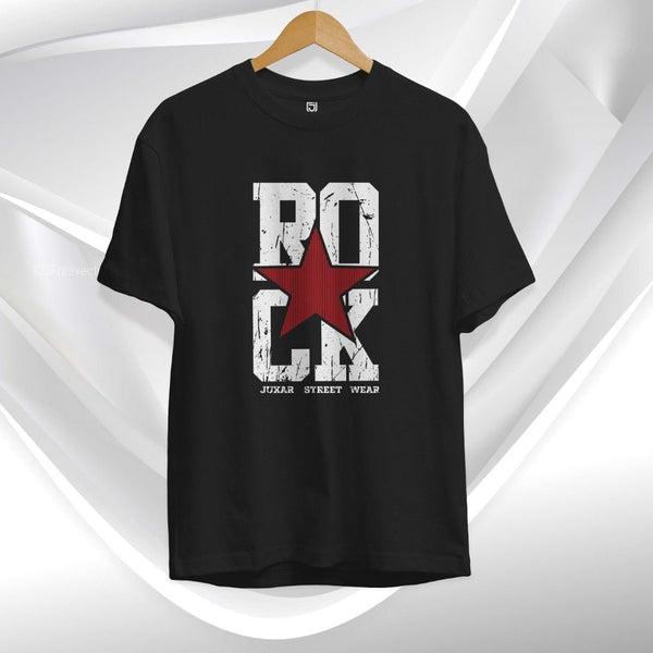 Juxar plain cotton t shirt for screen printing in black with red star and bold white text design