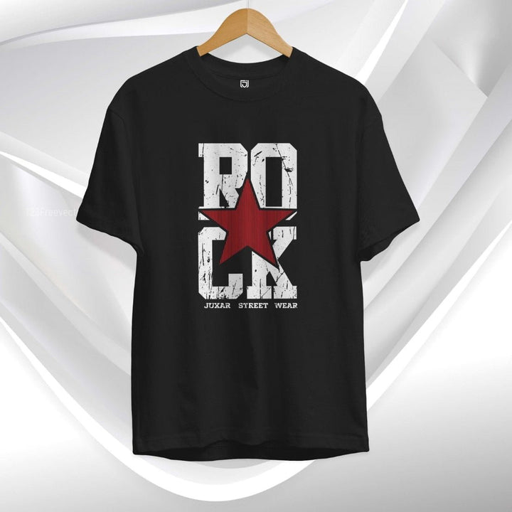 Juxar plain cotton t shirt for screen printing in black with red star and bold white text design