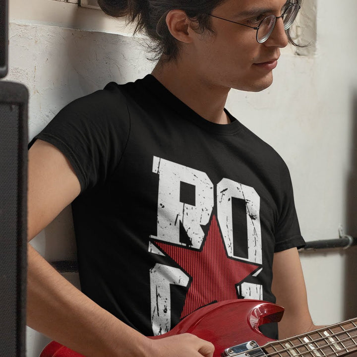 Juxar black plain cotton t shirt for screen printing worn by man playing red electric guitar