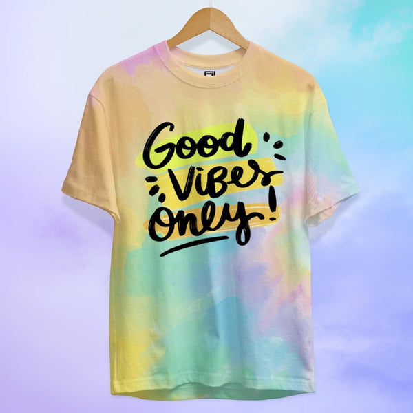 Juxar printed plain t-shirt with pastel tie-dye design and Good Vibes Only text