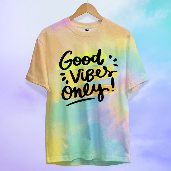 Juxar printed plain t-shirt with pastel tie-dye design and Good Vibes Only text