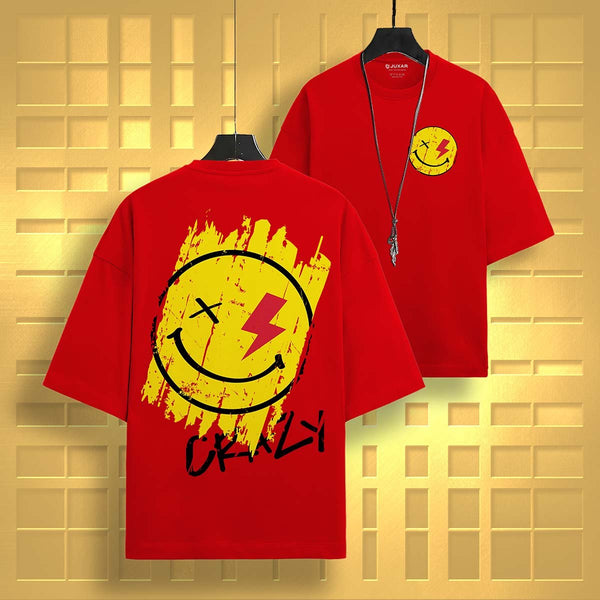 Juxar red oversized t-shirts with yellow smiley face graphics front and back display