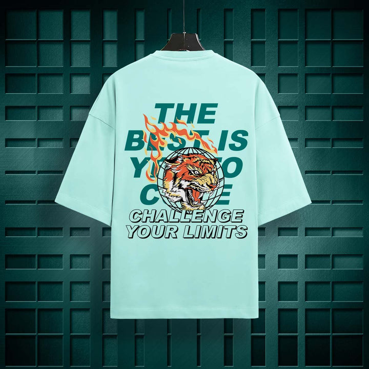 Juxar plain white cotton oversized t-shirt with flaming tiger graphic and challenge your limits text